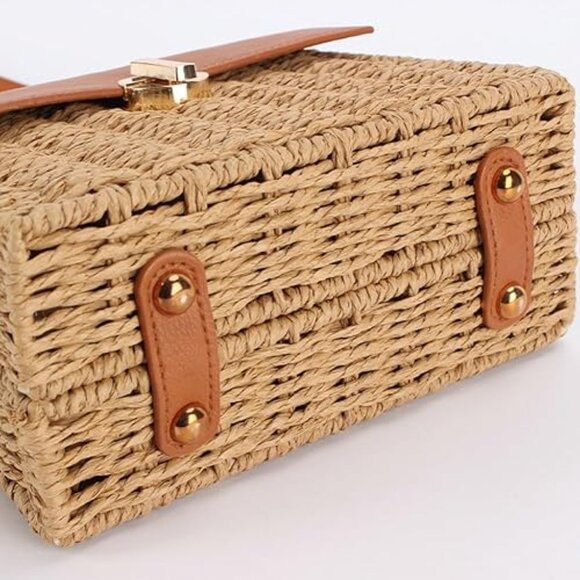 Neiman Marcus Rattan Beach Khaki Medallion Crossbody Bag - Picture 5 of 6